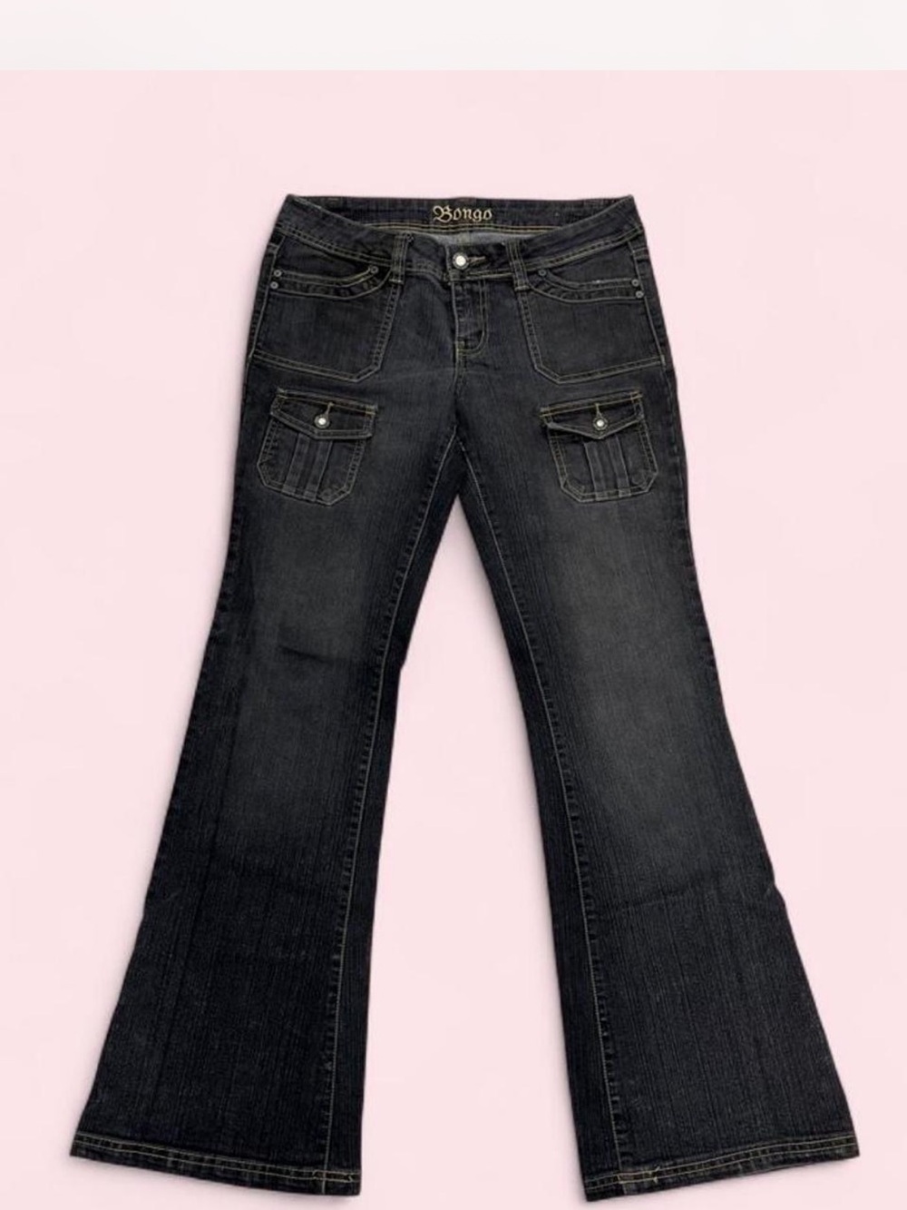BONGO Y2K Women's Low Rise Charcoal Flare Jeans with Cargo Pockets - Picture 3 of 8